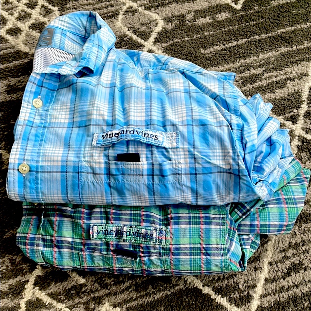 Vineyard Vines Men's Harbor long sleeve Plaid Shirts - Blue and Green